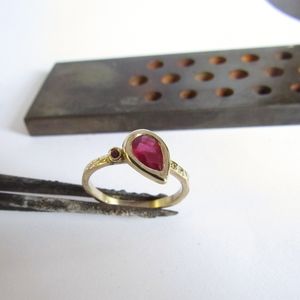 Handmade 14K Yellow Gold Ruby Ring, Pear Cut Stone